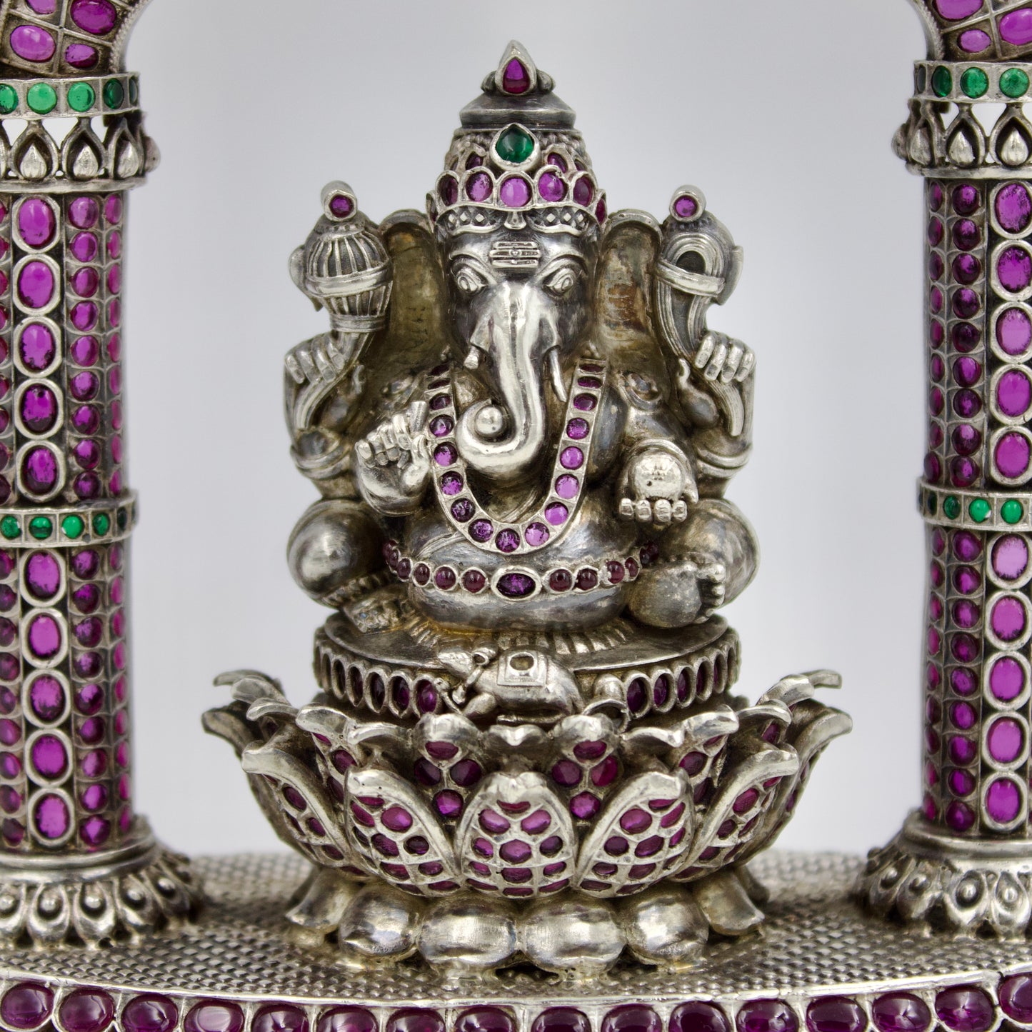 Handmade Lord Ganesha with Frame Idol adorned with Ruby & Emerald in Sterling Silver