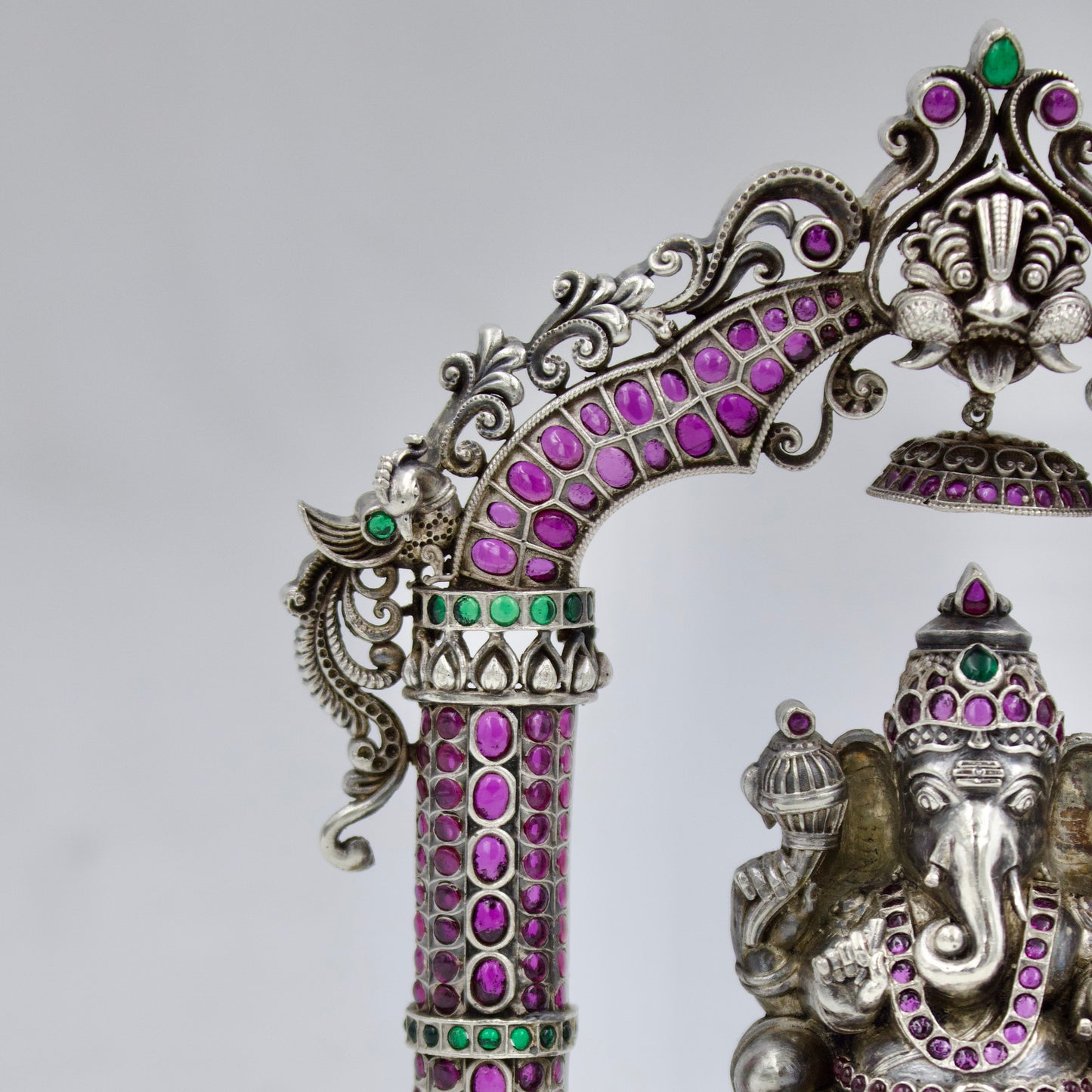 Handmade Lord Ganesha with Frame Idol adorned with Ruby & Emerald in Sterling Silver