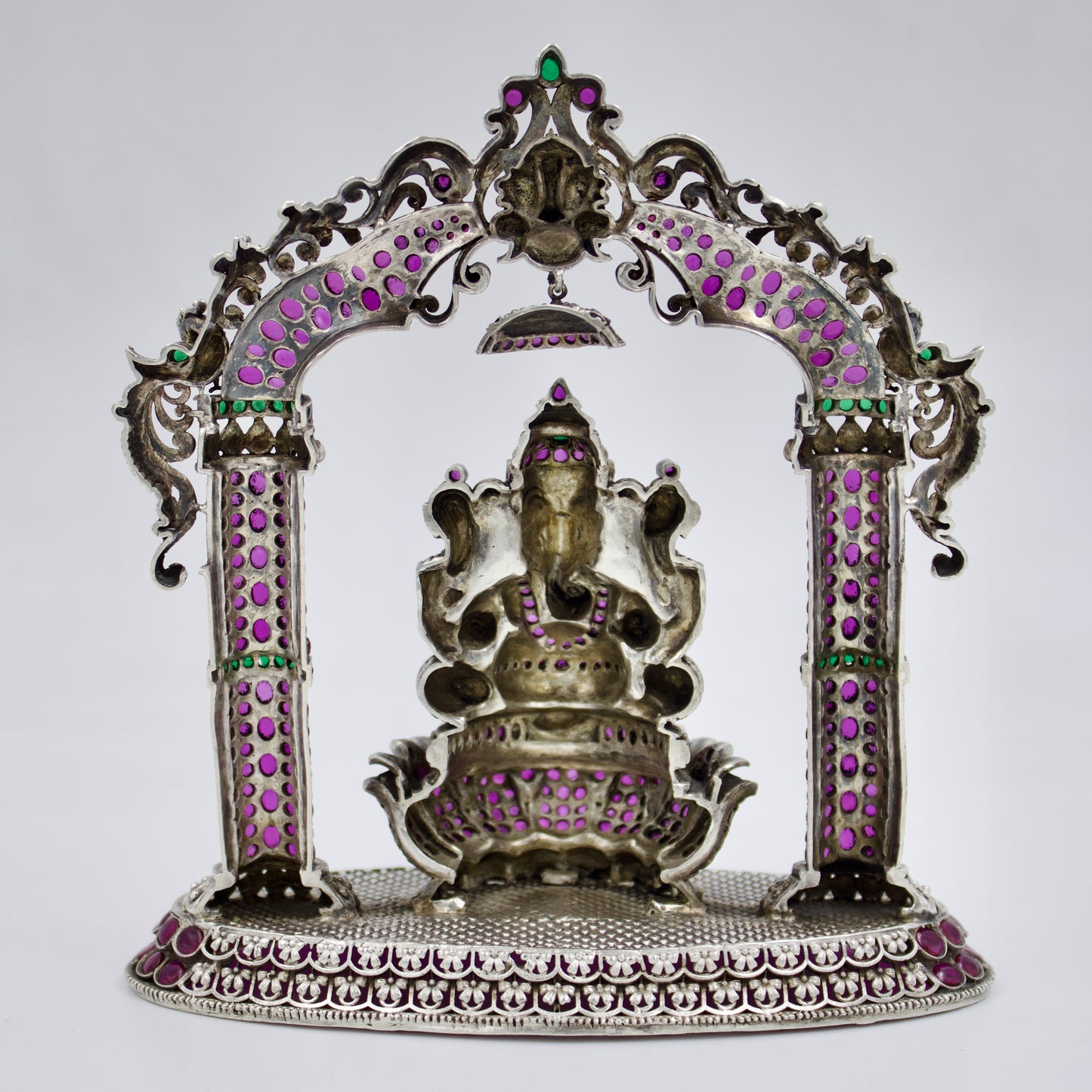 Handmade Lord Ganesha with Frame Idol adorned with Ruby & Emerald in Sterling Silver