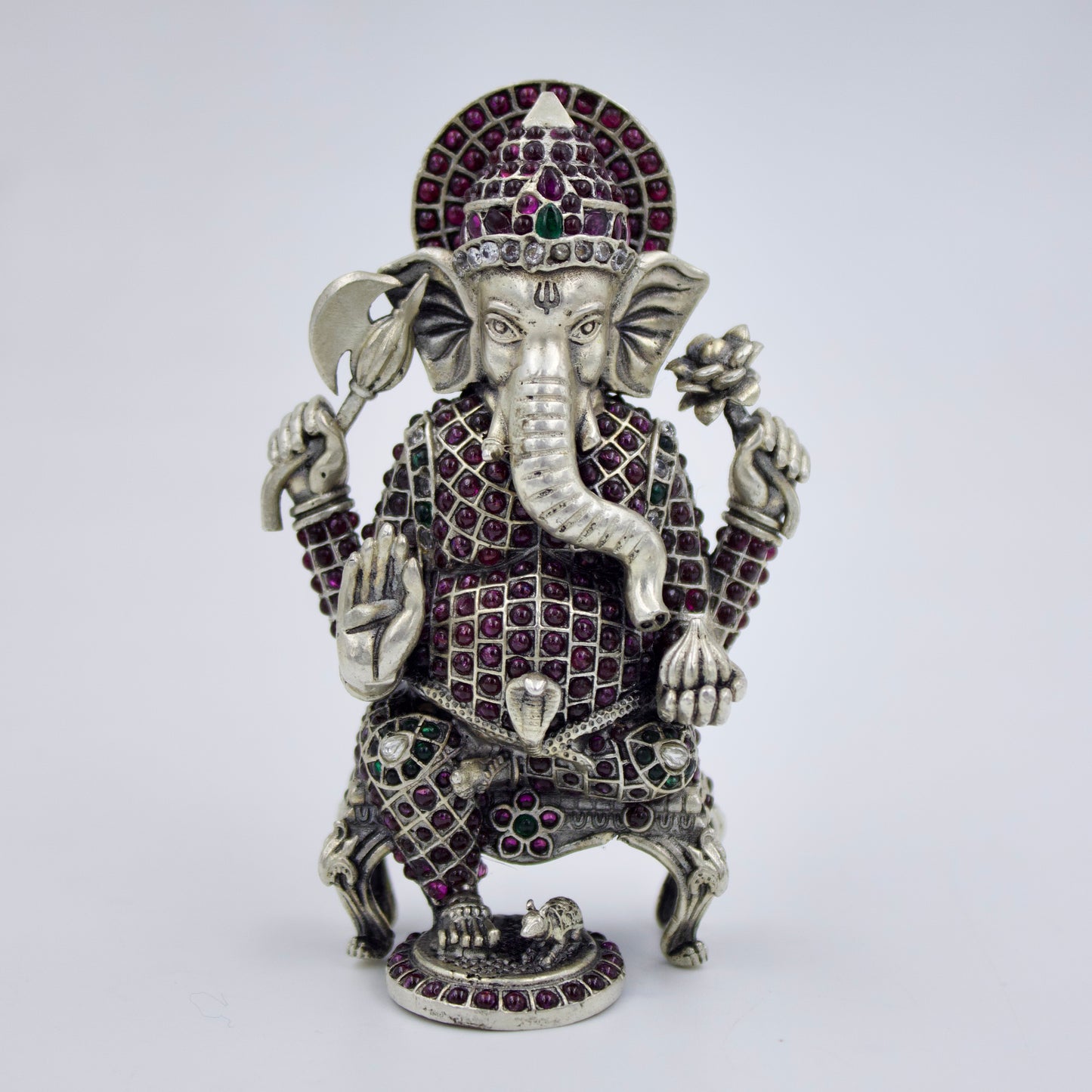 Handmade Lord Ganesha sitting with Mouse Idol studded with Ruby & Emerald in Sterling Silver