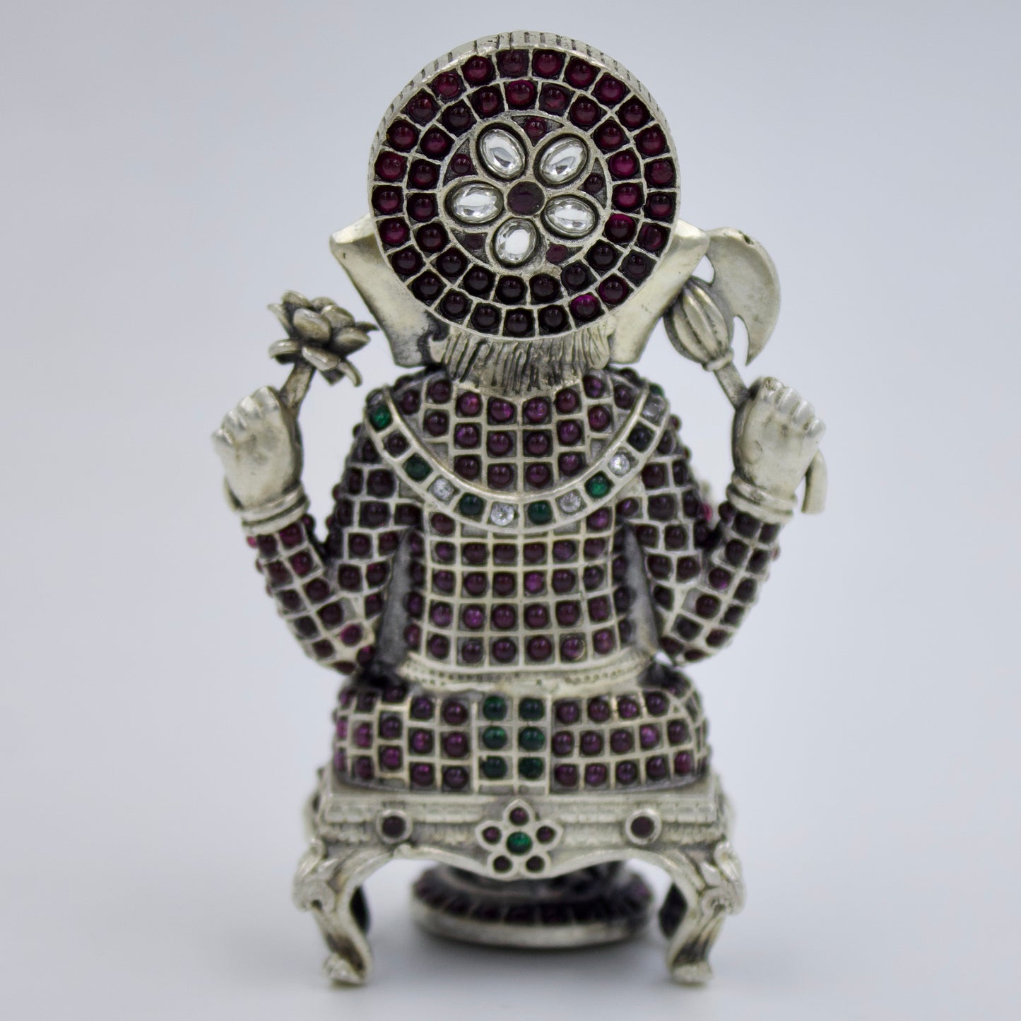 Handmade Lord Ganesha sitting with Mouse Idol studded with Ruby & Emerald in Sterling Silver