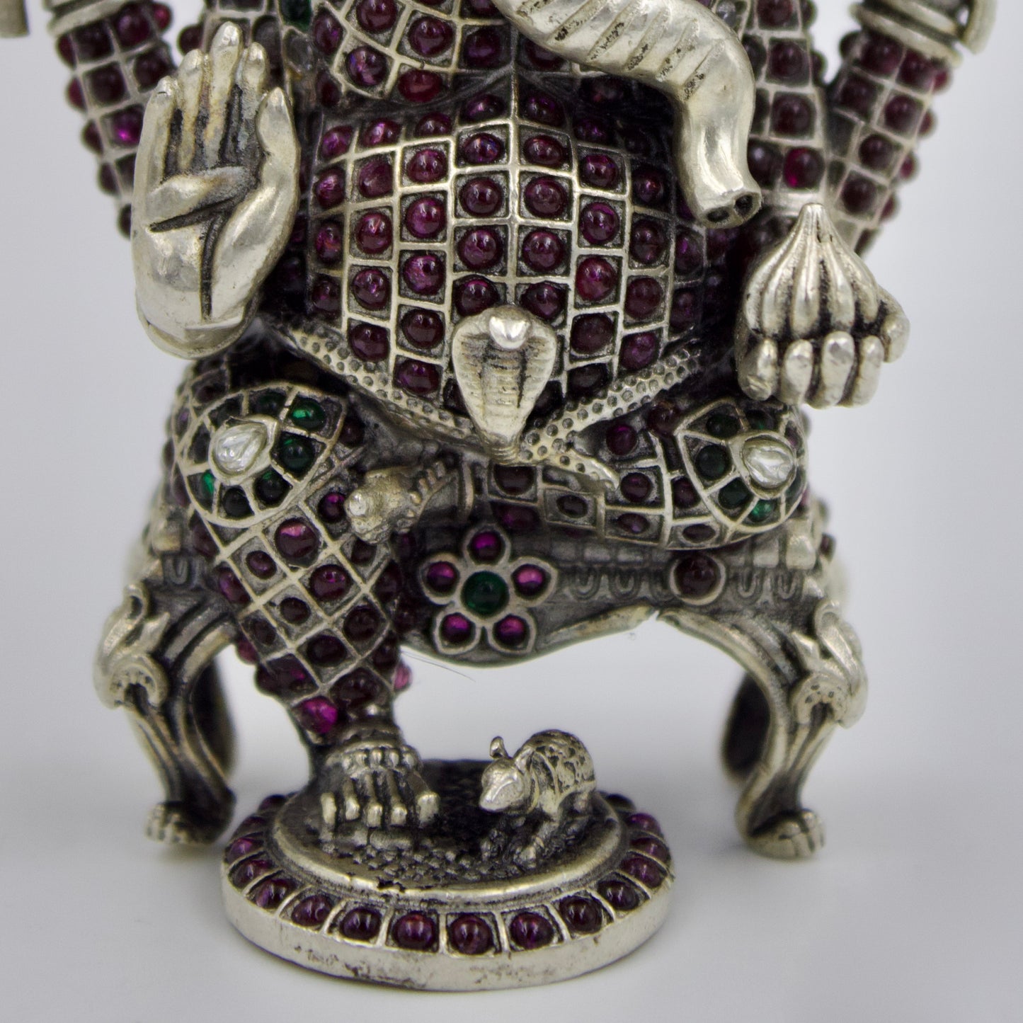 Handmade Lord Ganesha sitting with Mouse Idol studded with Ruby & Emerald in Sterling Silver