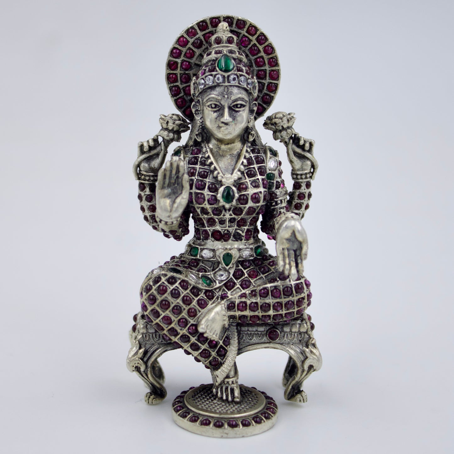 Handmade Goddess Laxmiji Idol studded with Ruby & Emerald in Sterling Silver