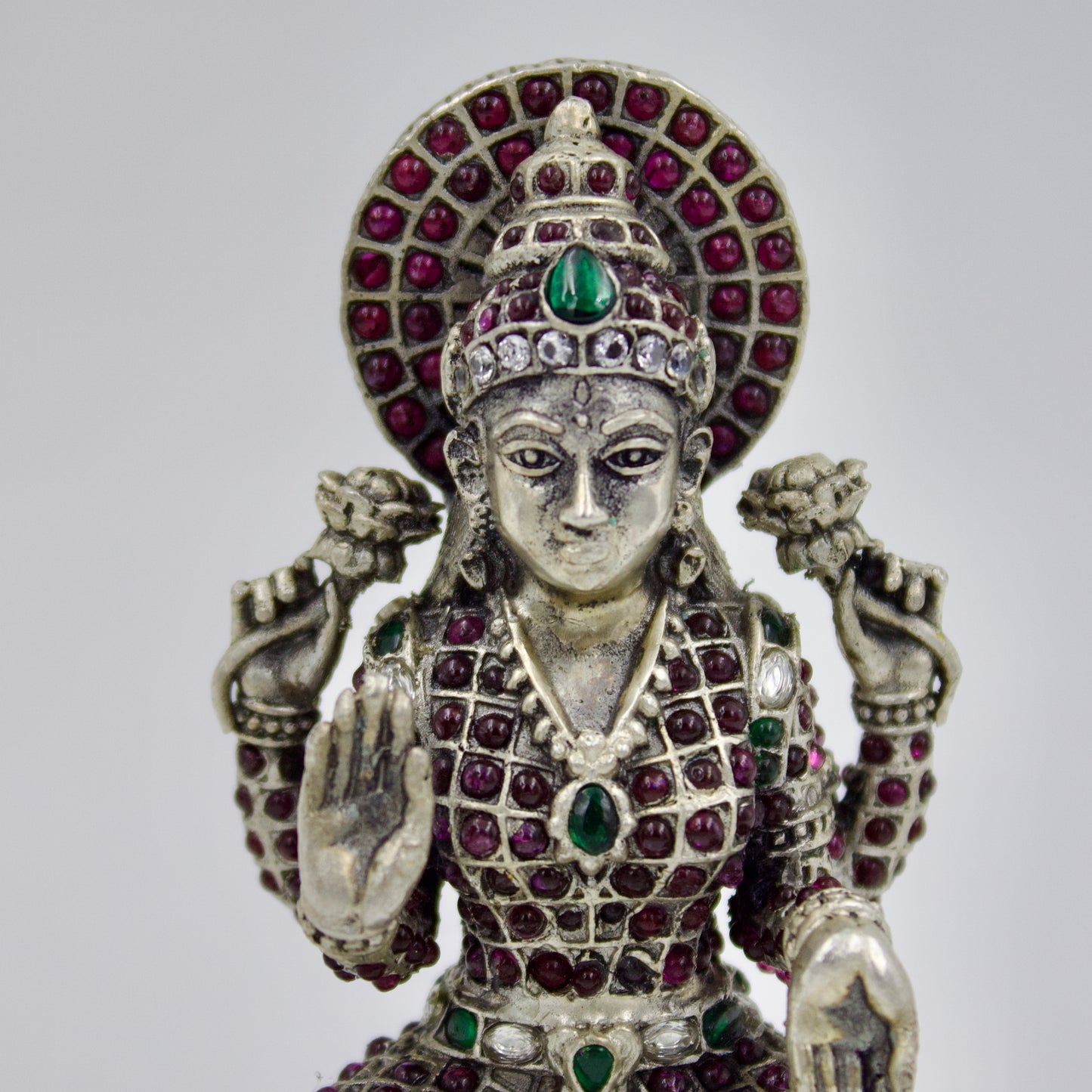 Handmade Goddess Laxmiji Idol studded with Ruby & Emerald in Sterling Silver