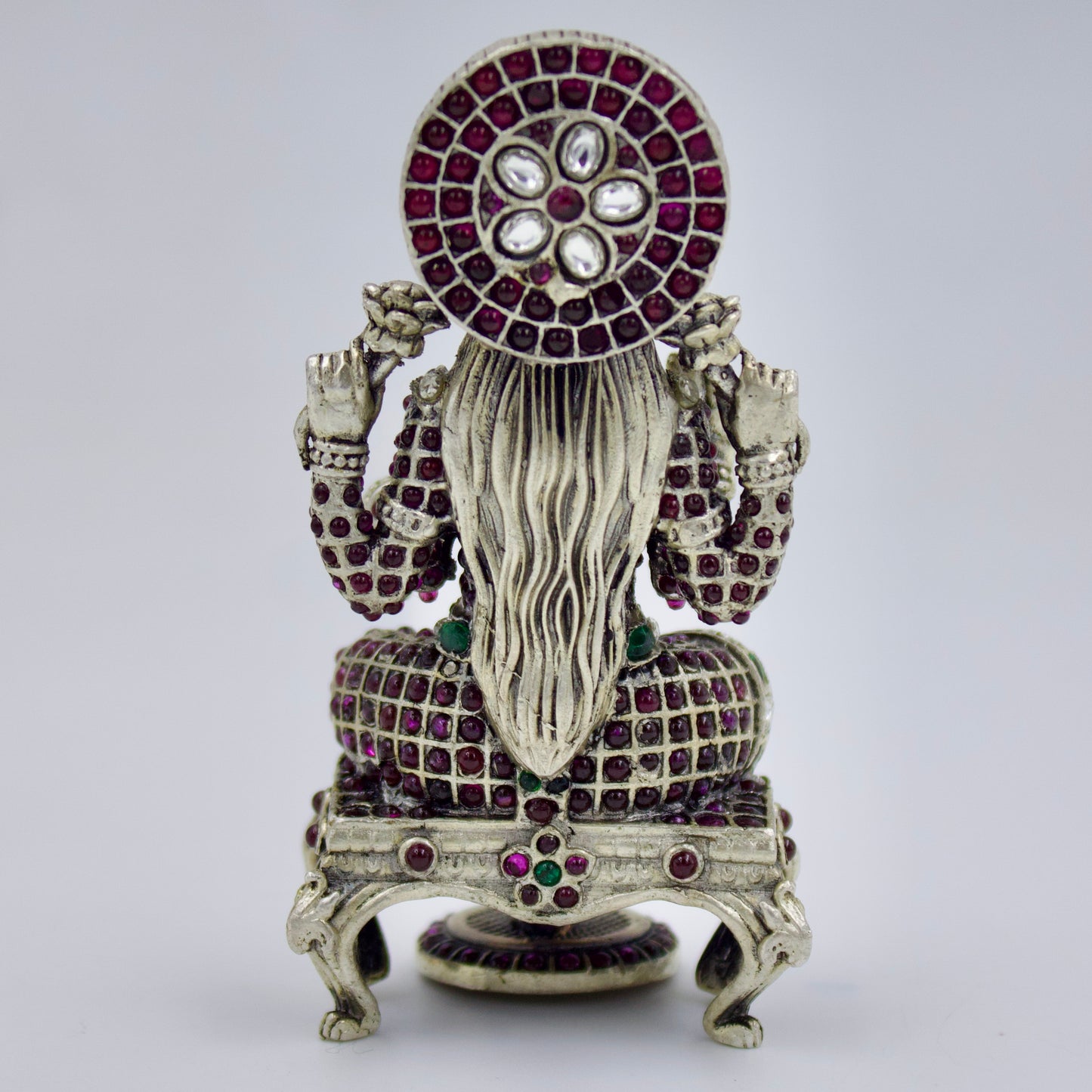Handmade Goddess Laxmiji Idol studded with Ruby & Emerald in Sterling Silver