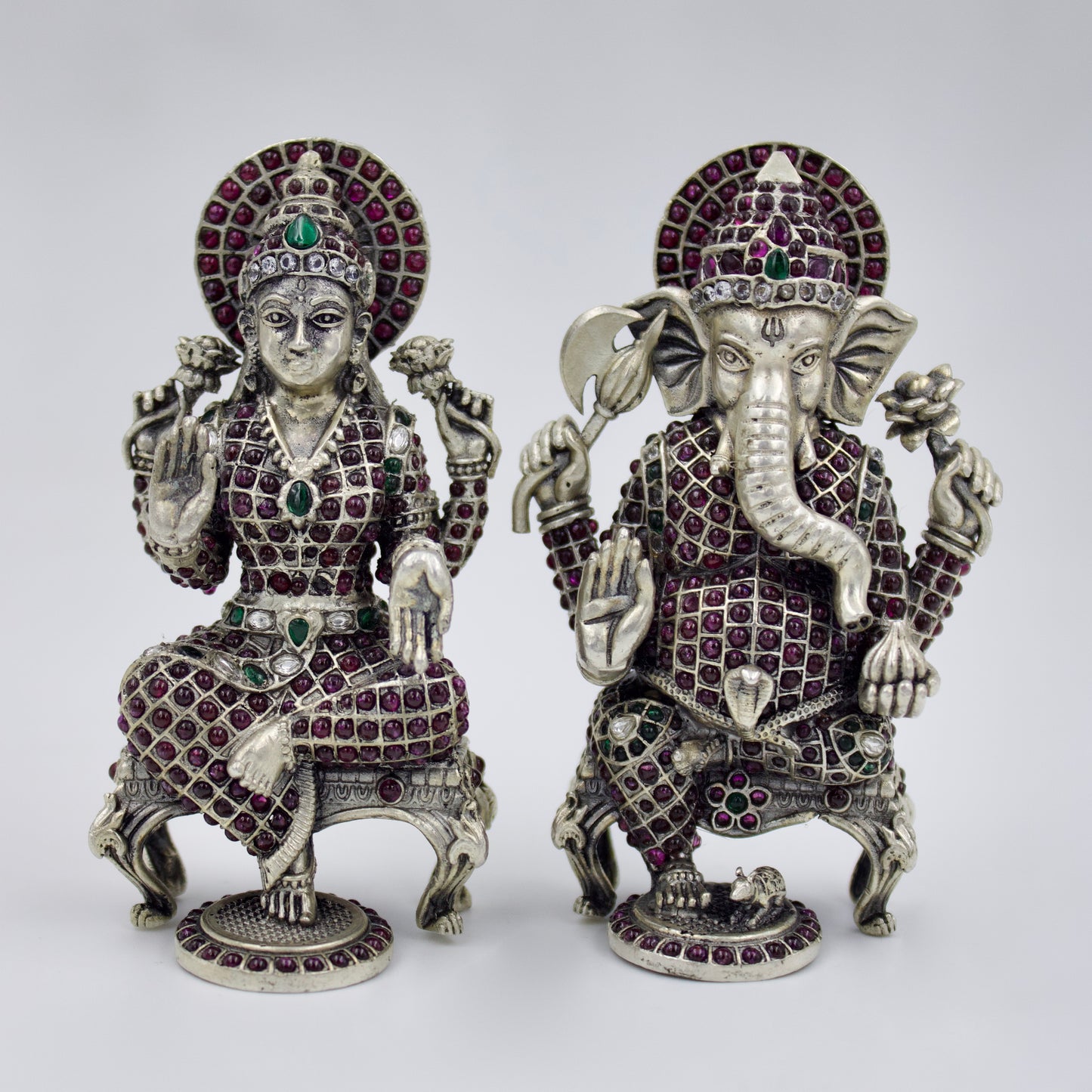 Handmade Goddess Laxmiji Idol studded with Ruby & Emerald in Sterling Silver