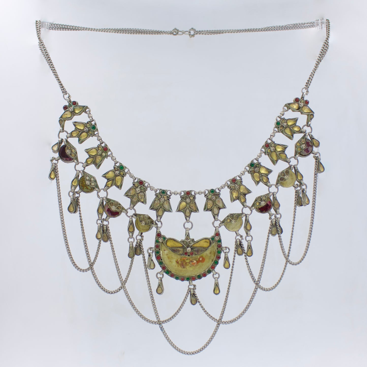 Antique Rajasthani Indian Fusion Tribal Statement Long Necklace from Barmer in Silver 24 Inches Early 1900s Collectors Piece