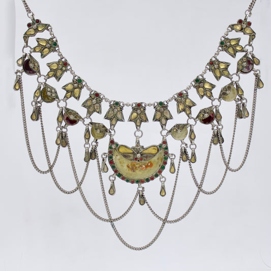 Antique Rajasthani Indian Fusion Tribal Statement Long Necklace from Barmer in Silver 24 Inches Early 1900s Collectors Piece