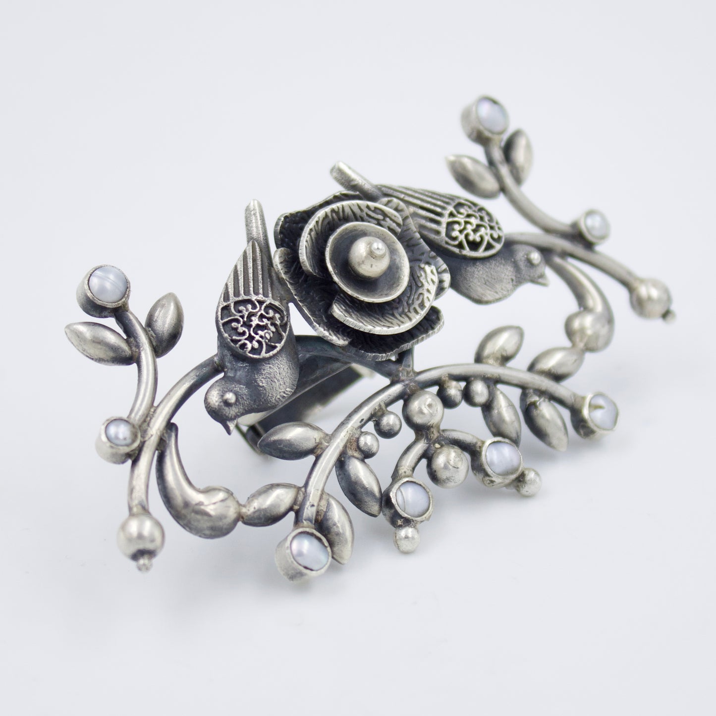Handmade Tribal Indian Bird Statement Cocktail Ring with Pearls in Sterling Silver