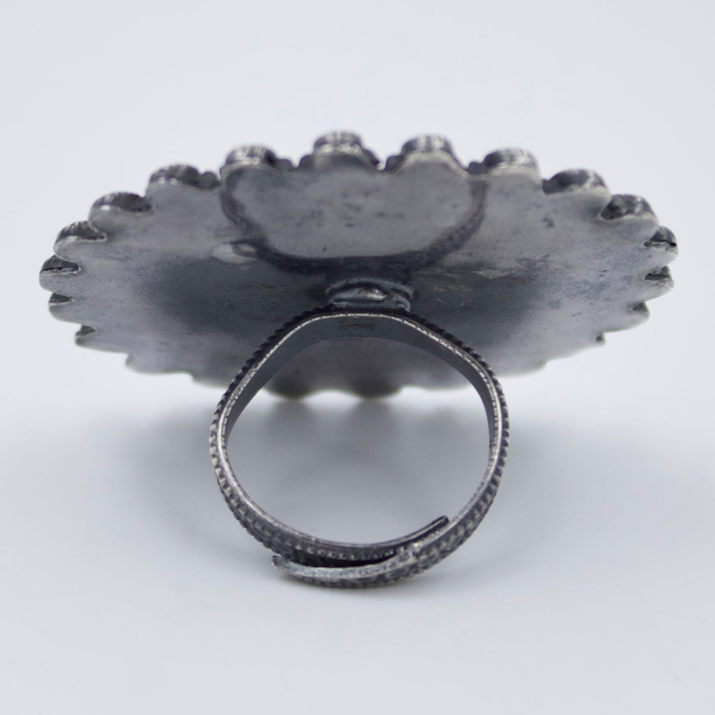Handmade Etched Tribal Indian Statement Round Cocktail Ring in Sterling Silver