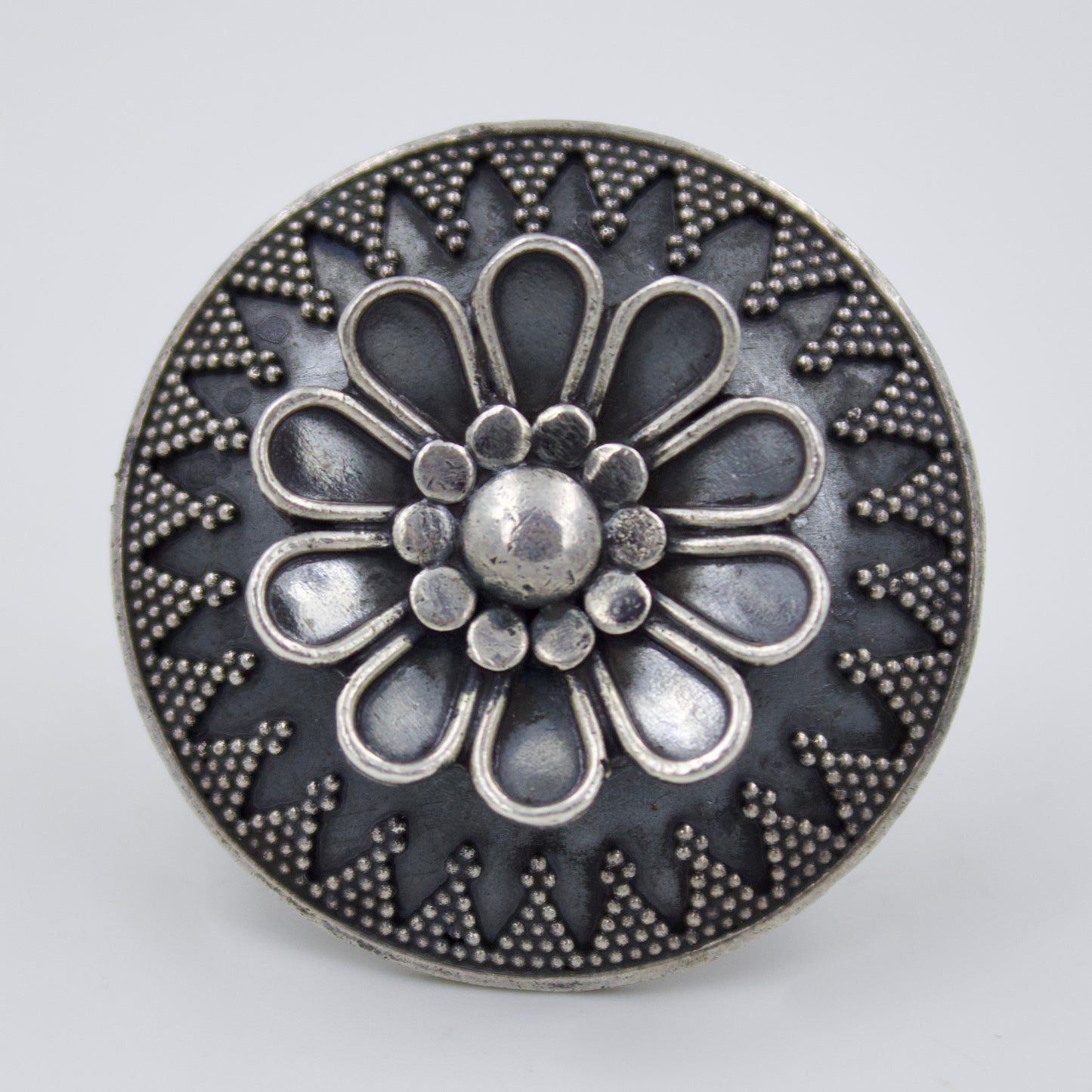 Handmade Etched Tribal Indian 3D Floral Statement Cocktail Ring in Sterling Silver Adjustable Size