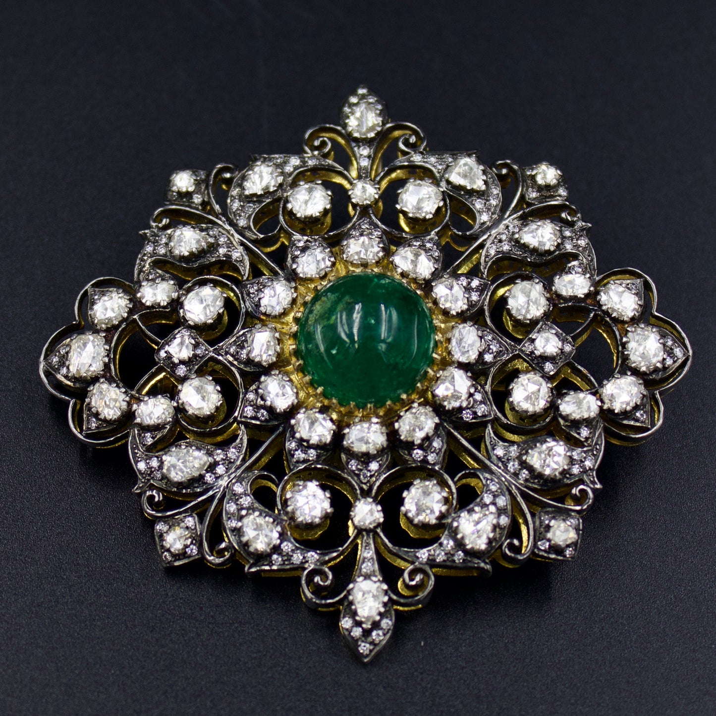 Victorian Natural Emerald 14.4 Ct and Natural Rose Cut Diamond 4.06 Ct Statement Pendant cum Brooch in 14K Gold & Sterling Silver