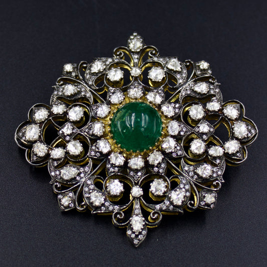 Victorian Natural Emerald 14.4 Ct and Natural Rose Cut Diamond 4.06 Ct Statement Pendant cum Brooch in 14K Gold & Sterling Silver