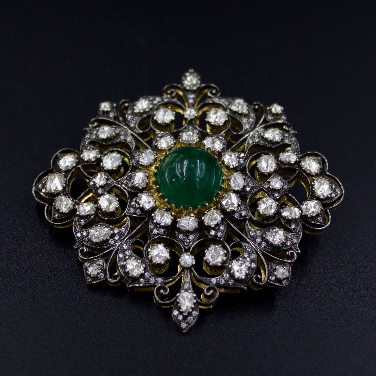Victorian Natural Emerald 14.4 Ct and Natural Rose Cut Diamond 4.06 Ct Statement Pendant cum Brooch in 14K Gold & Sterling Silver