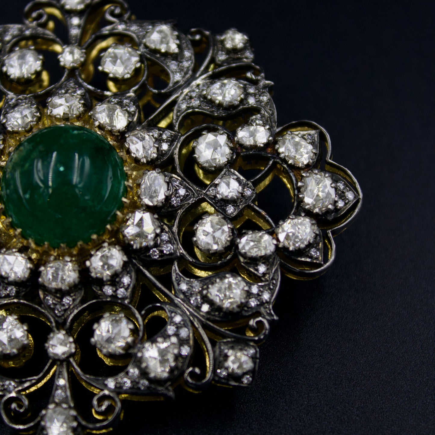 Victorian Natural Emerald 14.4 Ct and Natural Rose Cut Diamond 4.06 Ct Statement Pendant cum Brooch in 14K Gold & Sterling Silver