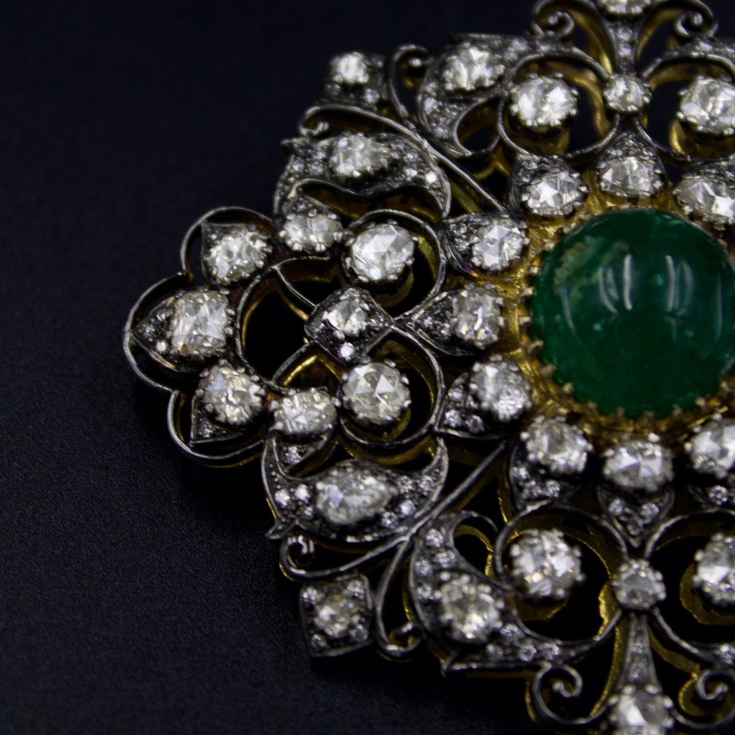 Victorian Natural Emerald 14.4 Ct and Natural Rose Cut Diamond 4.06 Ct Statement Pendant cum Brooch in 14K Gold & Sterling Silver