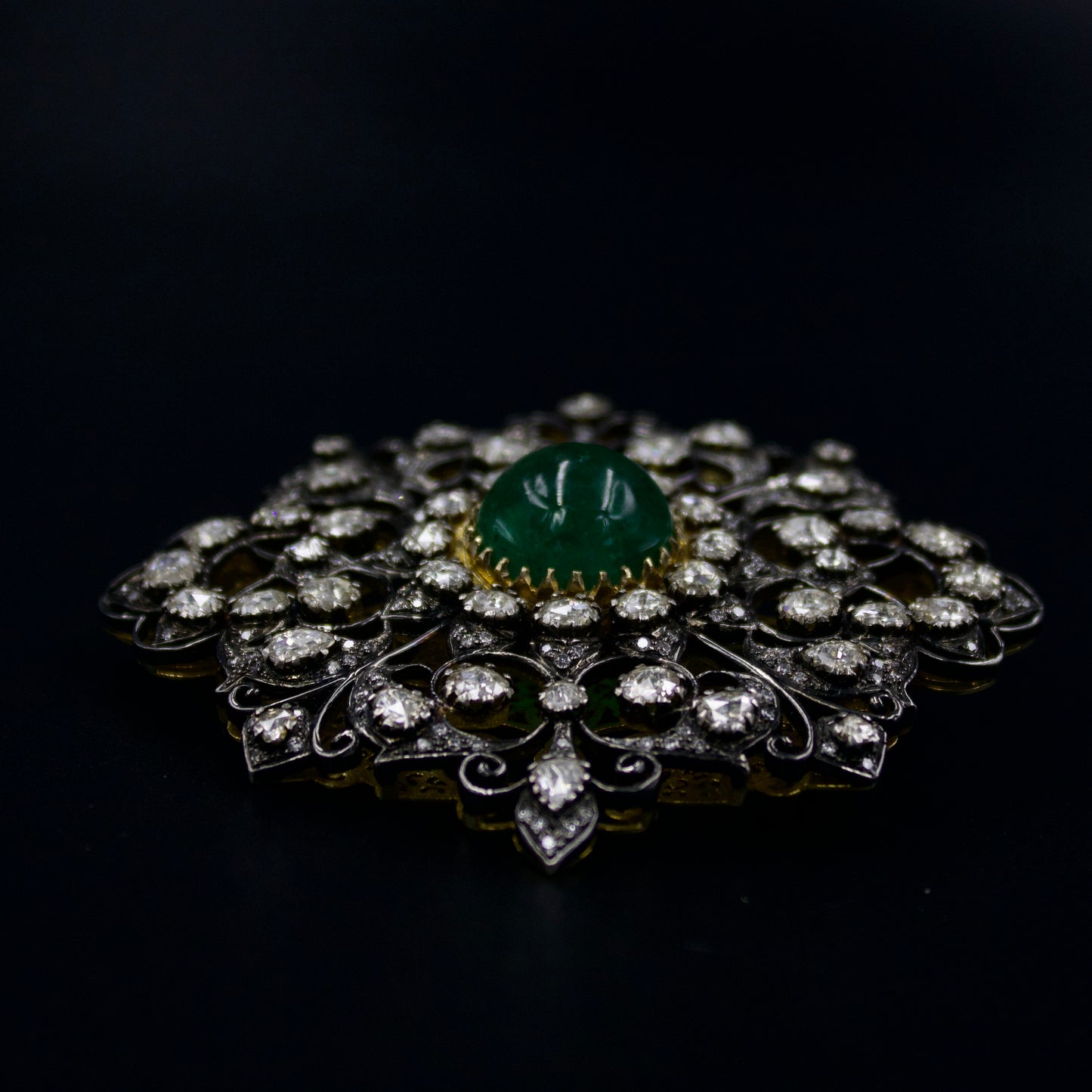 Victorian Natural Emerald 14.4 Ct and Natural Rose Cut Diamond 4.06 Ct Statement Pendant cum Brooch in 14K Gold & Sterling Silver