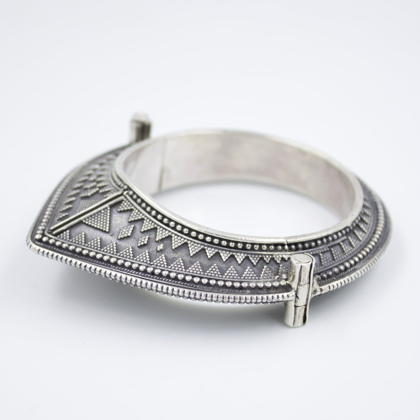 Hand Etched Hinged Tribal Indian Pyramid Kada Bangle with Rawa Work in Sterling Silver