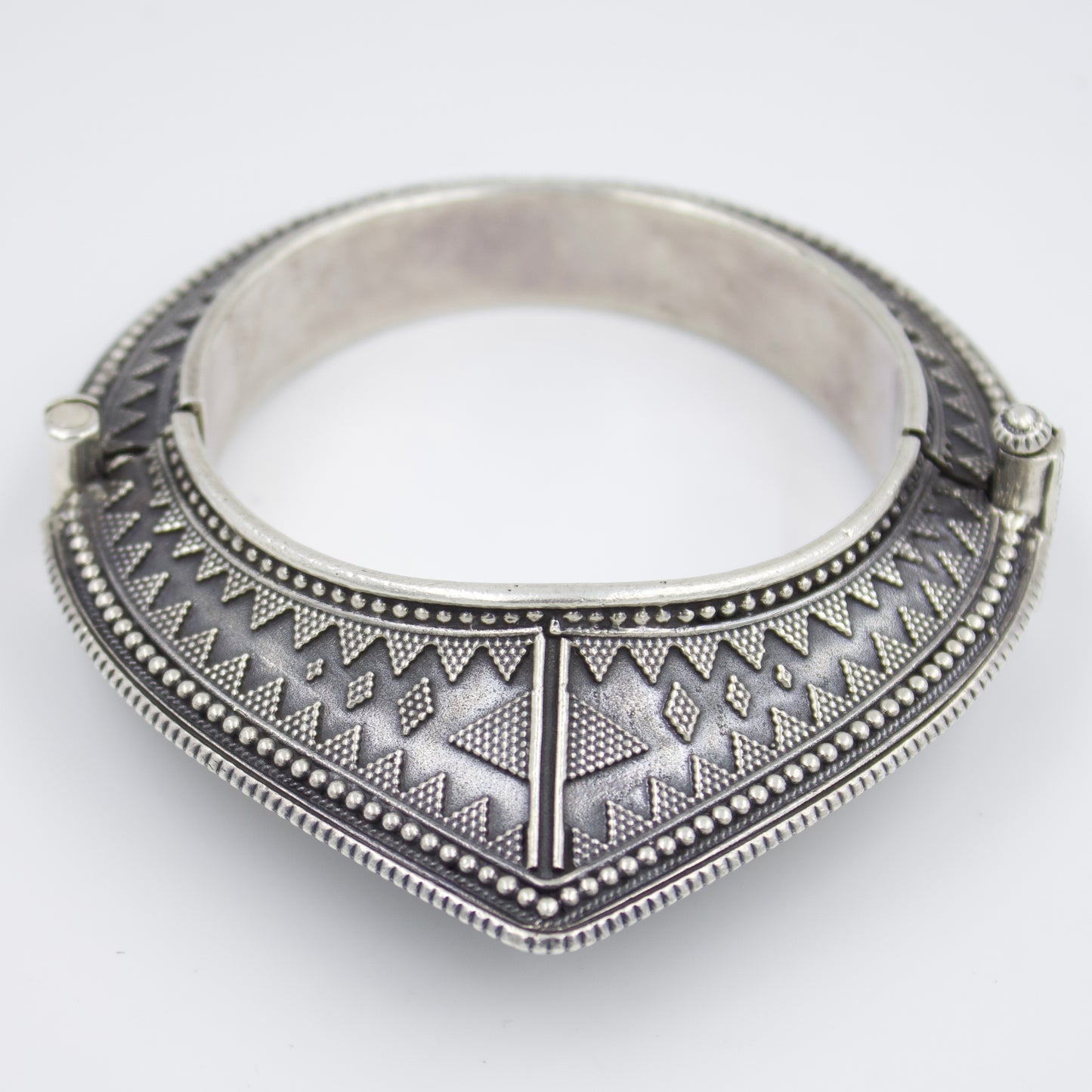 Hand Etched Hinged Tribal Indian Pyramid Kada Bangle with Rawa Work in Sterling Silver
