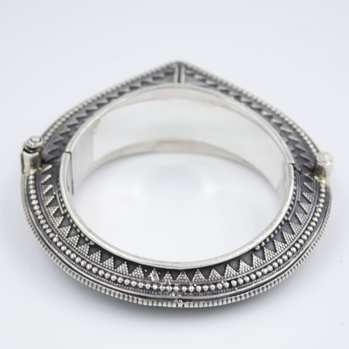 Hand Etched Hinged Tribal Indian Pyramid Kada Bangle with Rawa Work in Sterling Silver