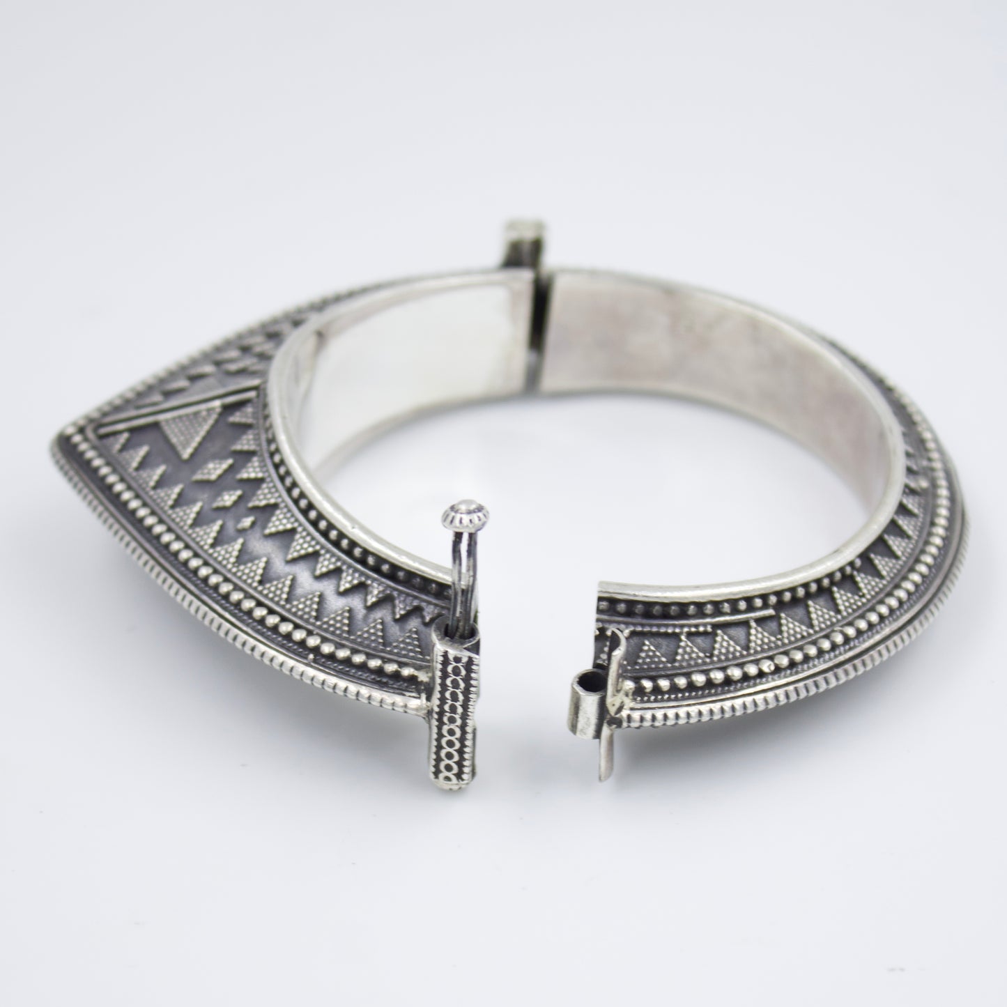 Hand Etched Hinged Tribal Indian Pyramid Kada Bangle with Rawa Work in Sterling Silver