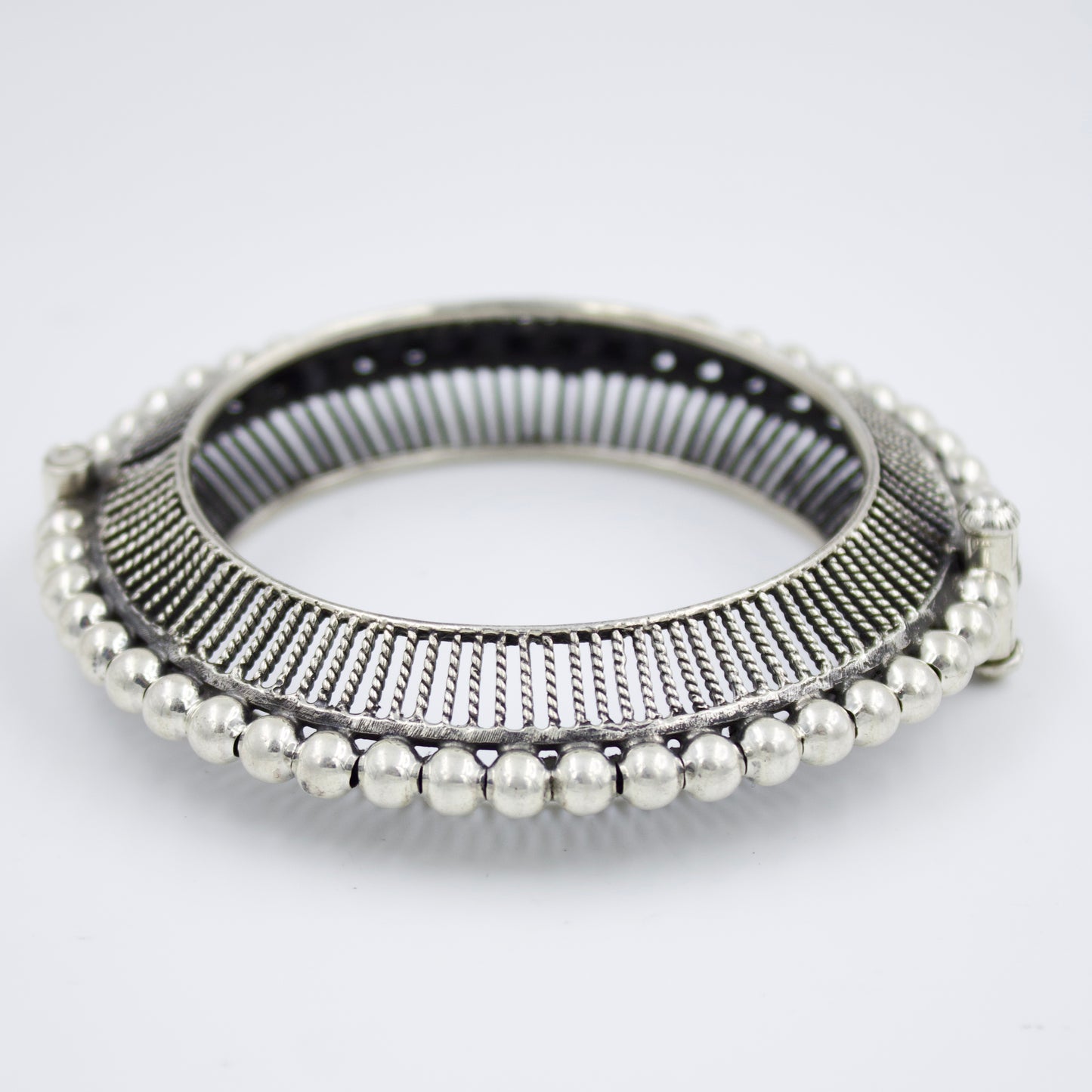 Handmade Mesh Work Ball Statement Broad Hinged Kada Bangle in Sterling Silver