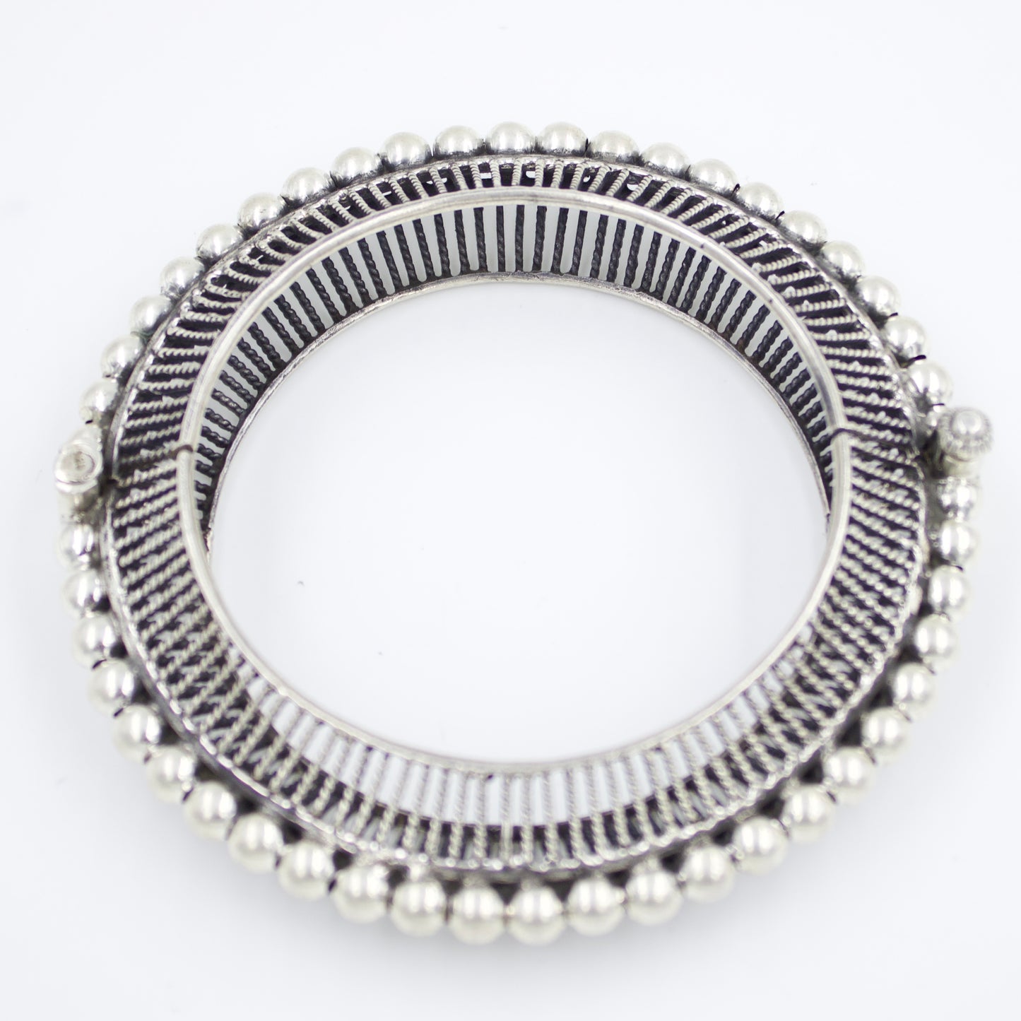 Handmade Mesh Work Ball Statement Broad Hinged Kada Bangle in Sterling Silver