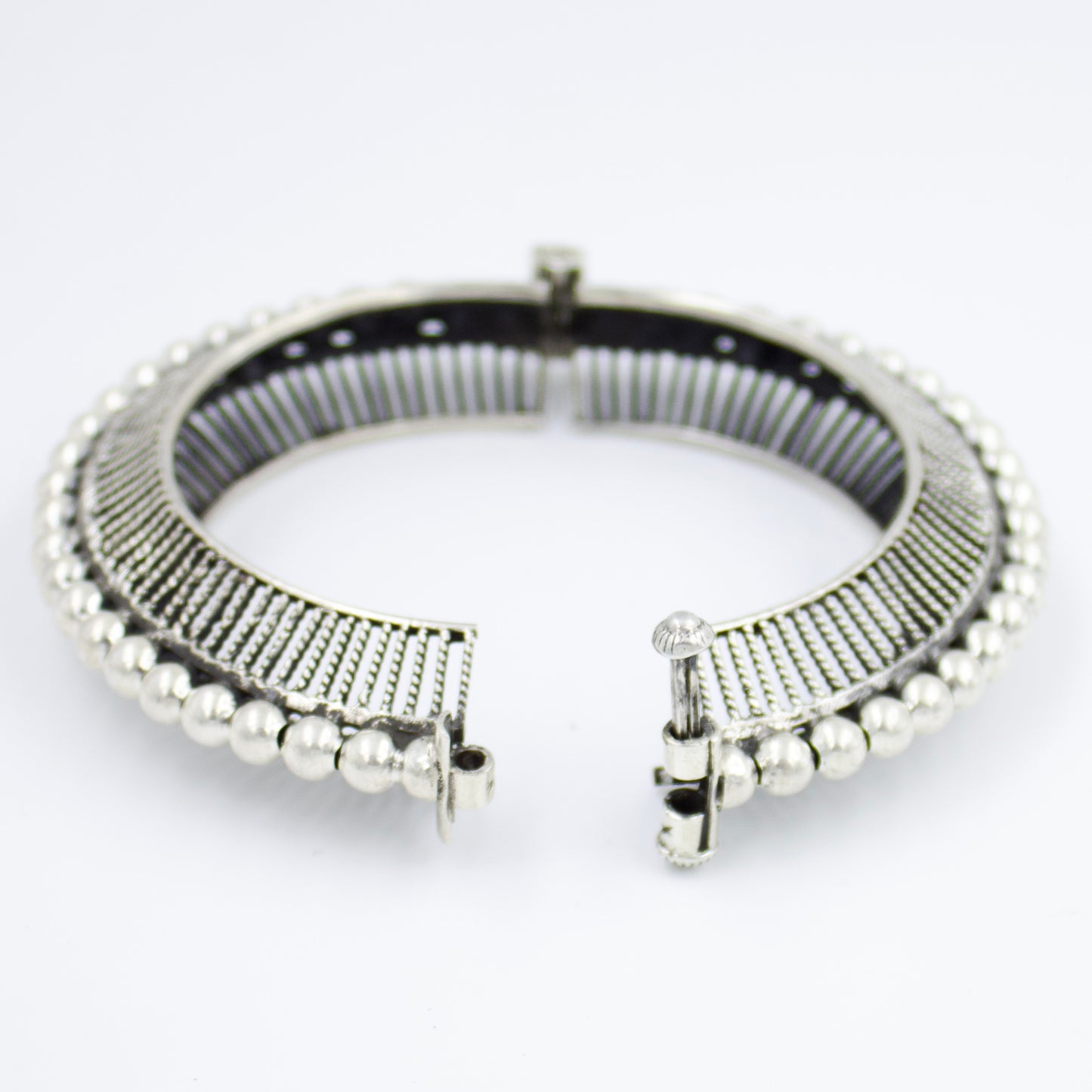 Handmade Mesh Work Ball Statement Broad Hinged Kada Bangle in Sterling Silver