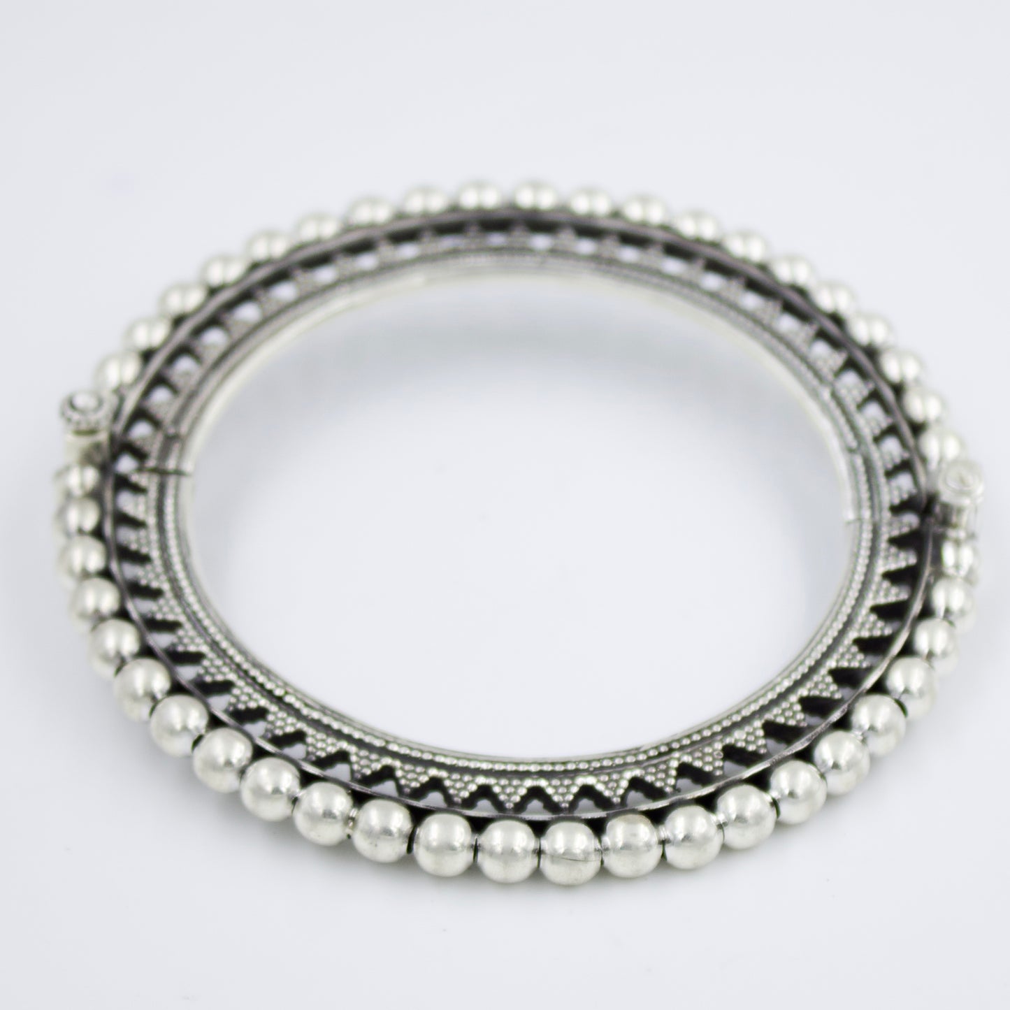 Handmade Rava Work Ball Statement Hinged Kada Bangle in Sterling Silver