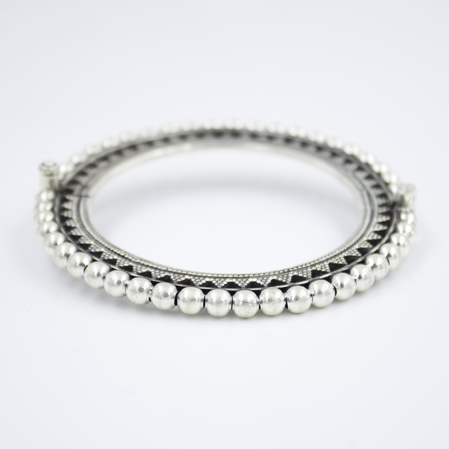 Handmade Rava Work Ball Statement Hinged Kada Bangle in Sterling Silver