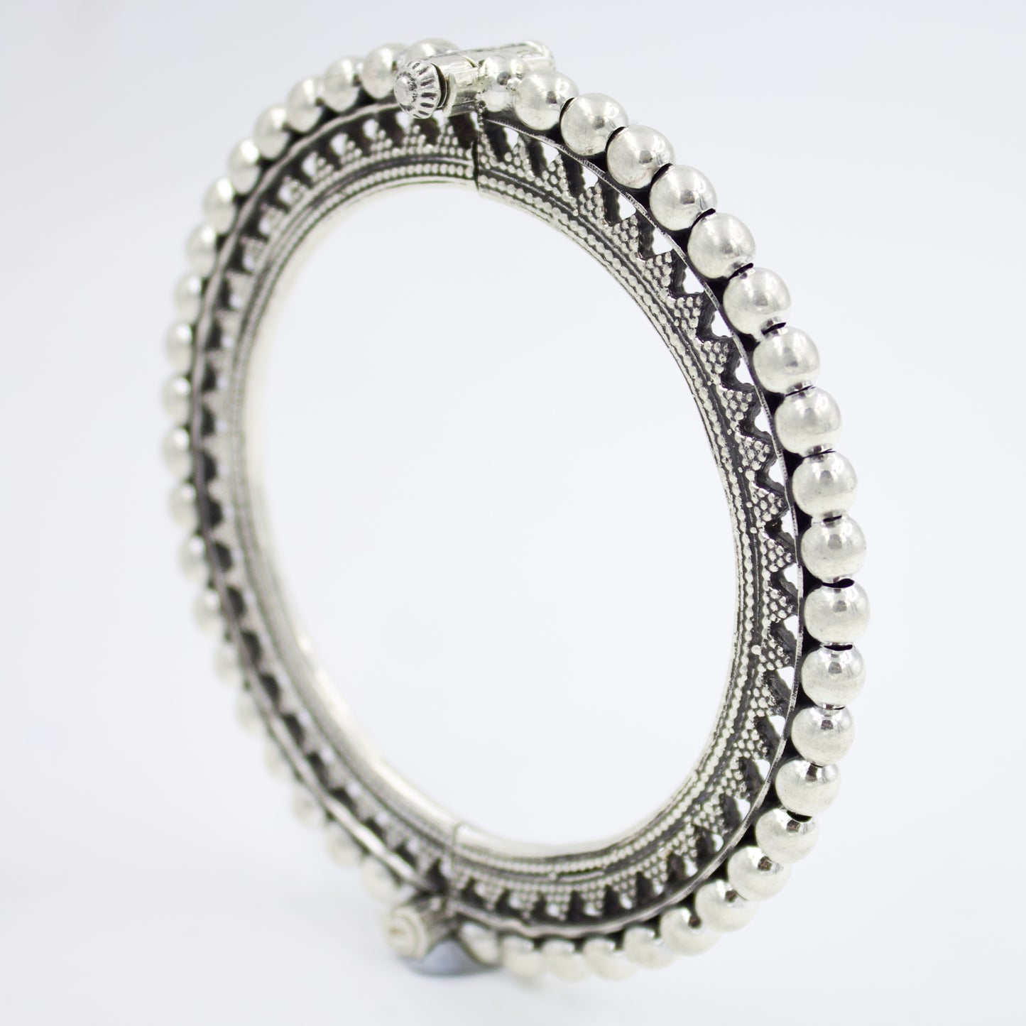 Handmade Rava Work Ball Statement Hinged Kada Bangle in Sterling Silver