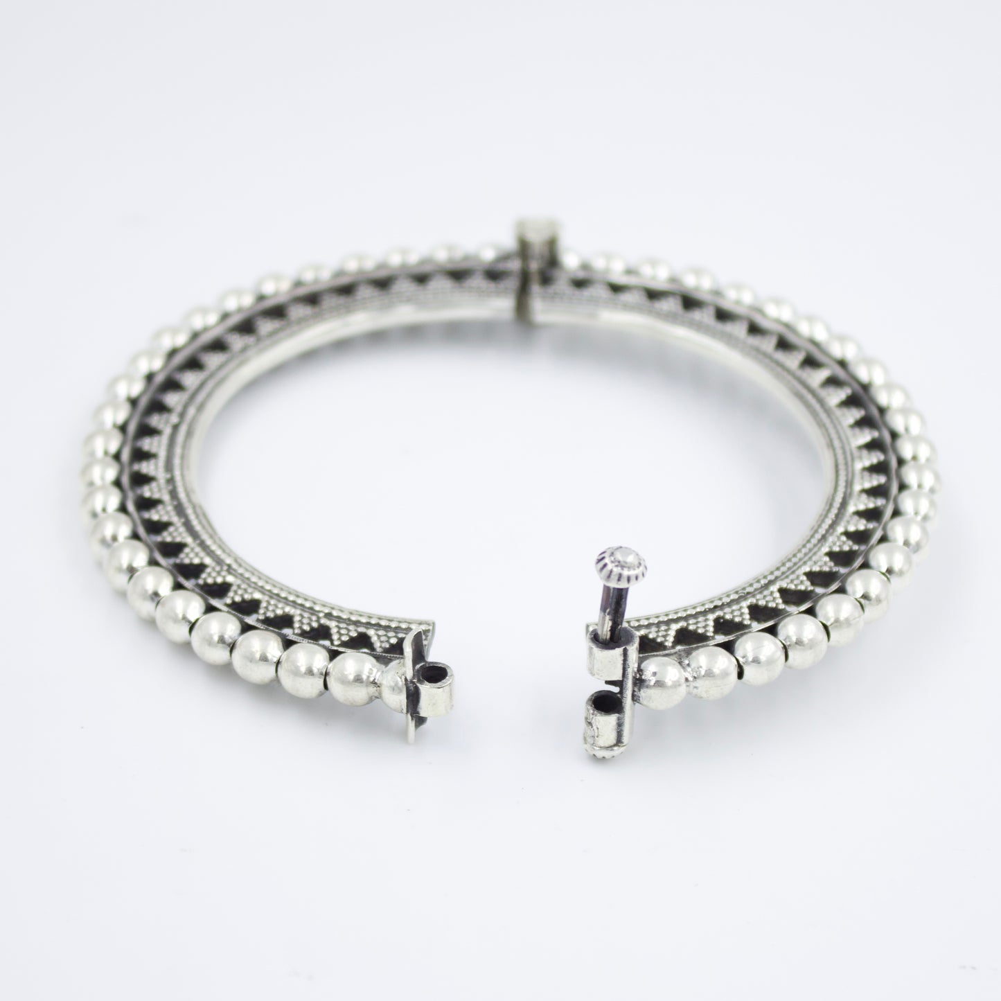 Handmade Rava Work Ball Statement Hinged Kada Bangle in Sterling Silver
