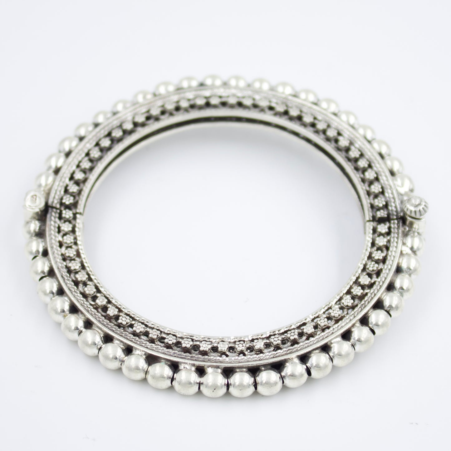 Handmade Rava Work Ball Statement Hinged Kada Bangle in Sterling Silver