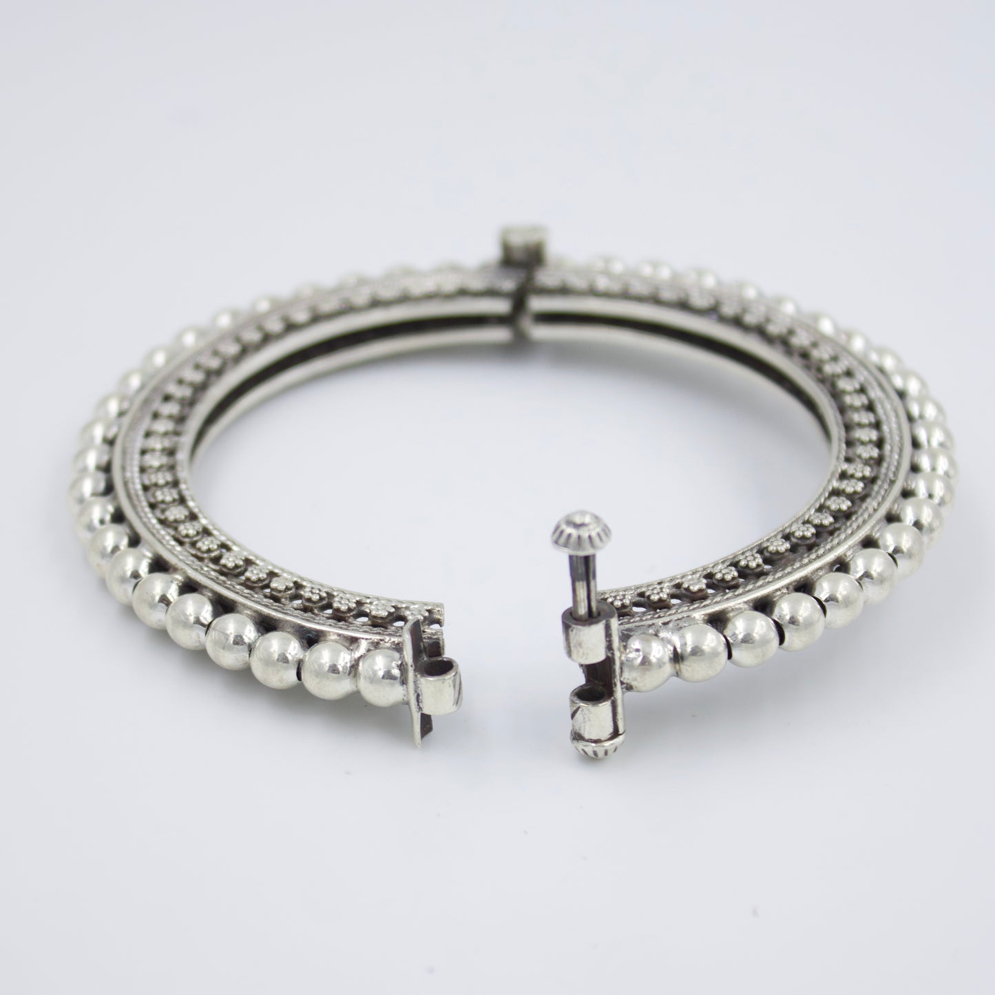 Handmade Rava Work Ball Statement Hinged Kada Bangle in Sterling Silver