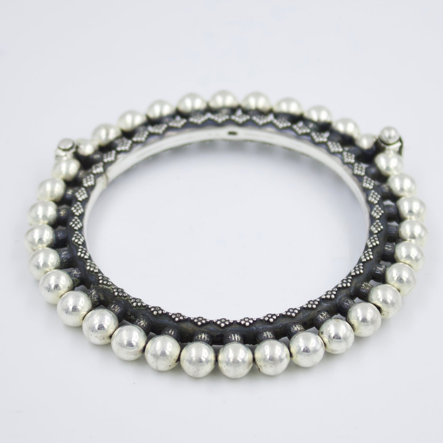 Handmade Rava Work Ball Statement Hinged Kada Bangle in Sterling Silver