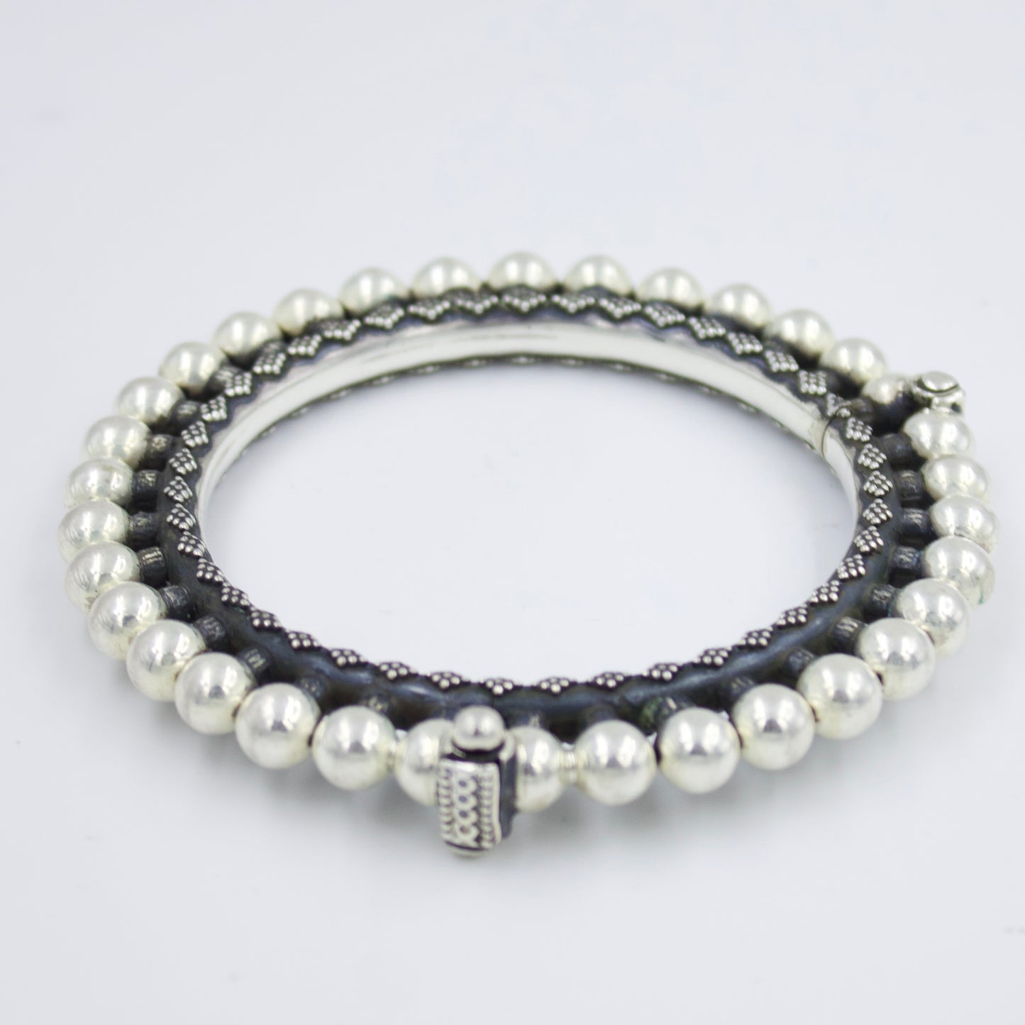 Handmade Rava Work Ball Statement Hinged Kada Bangle in Sterling Silver