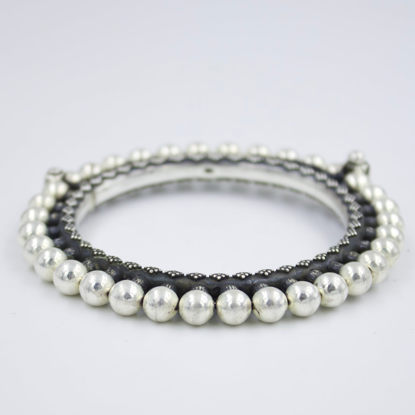 Handmade Rava Work Ball Statement Hinged Kada Bangle in Sterling Silver