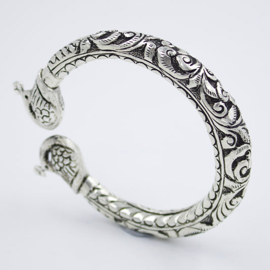 Hand Etched Peacock Motif Indian Tribal Statement Chitai Cuff Bracelet in Sterling Silver