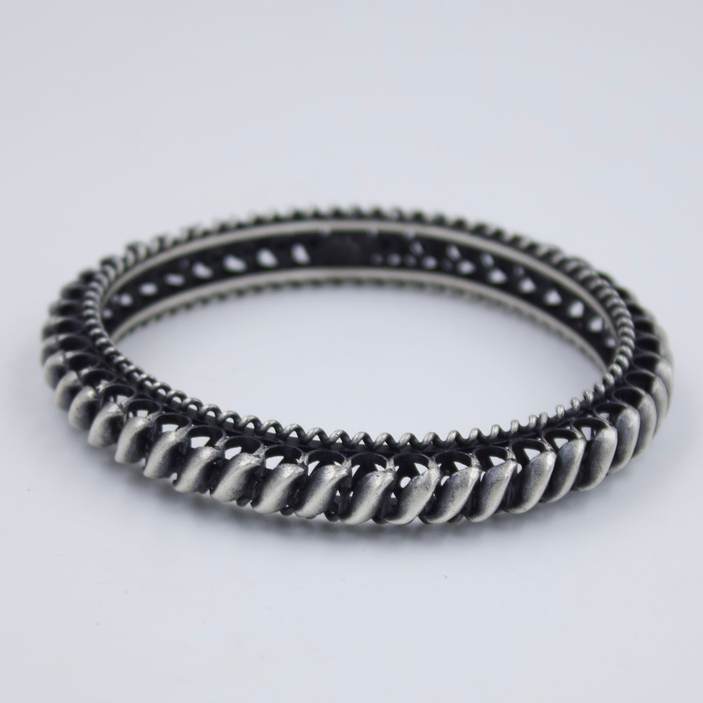 Elegant South Indian Handmade 3D Filigree Work Slip-On Kada Bangle in Sterling Silver