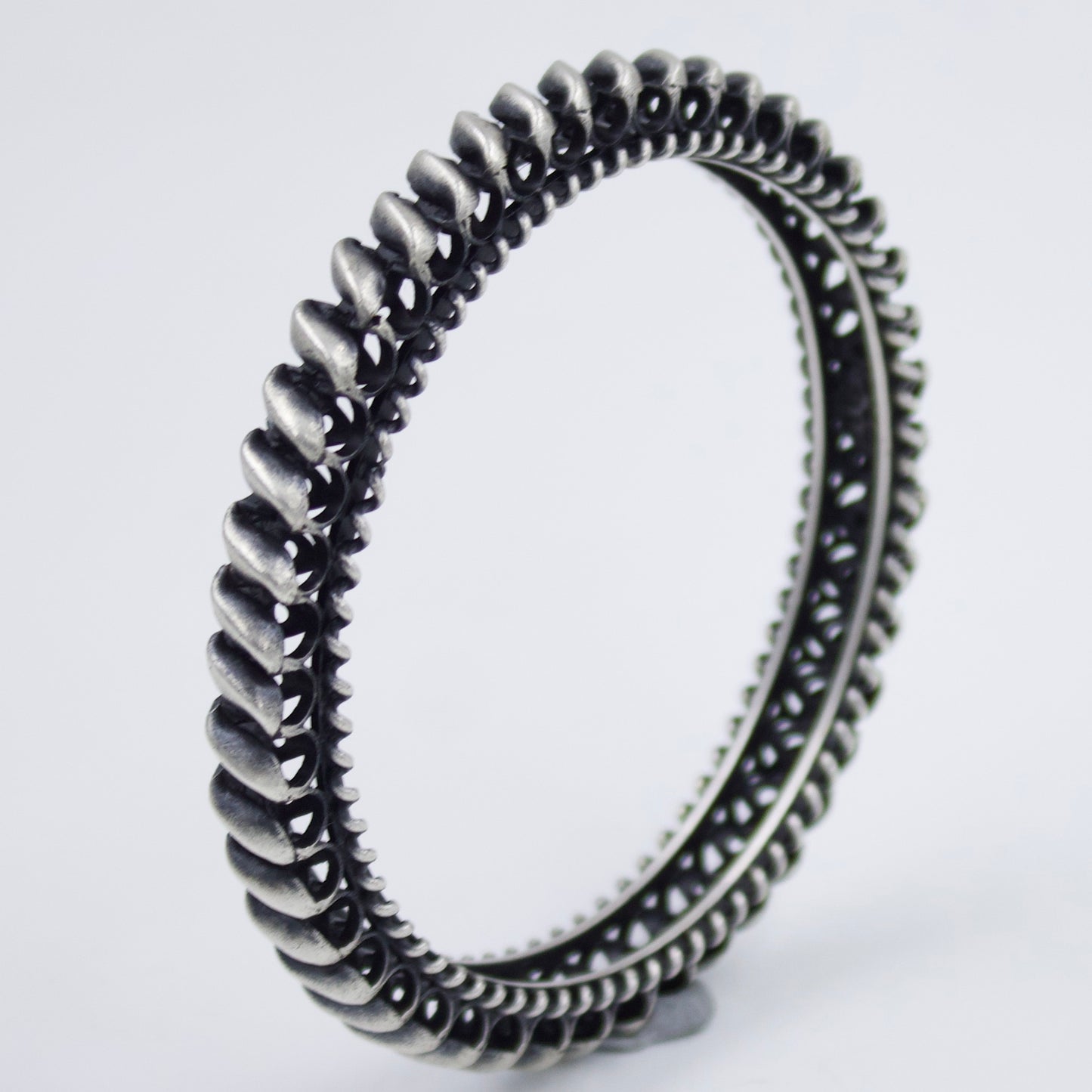 Elegant South Indian Handmade 3D Filigree Work Slip-On Kada Bangle in Sterling Silver