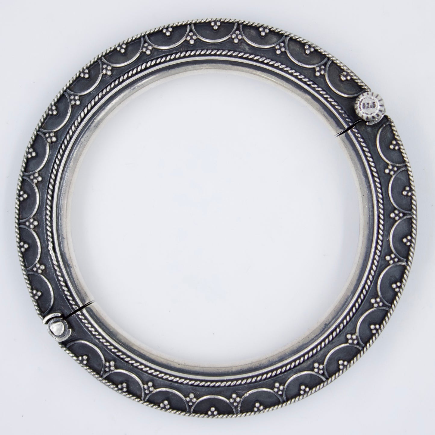 Handmade Etched Hinged Tribal Indian Kada Bangle in Sterling Silver