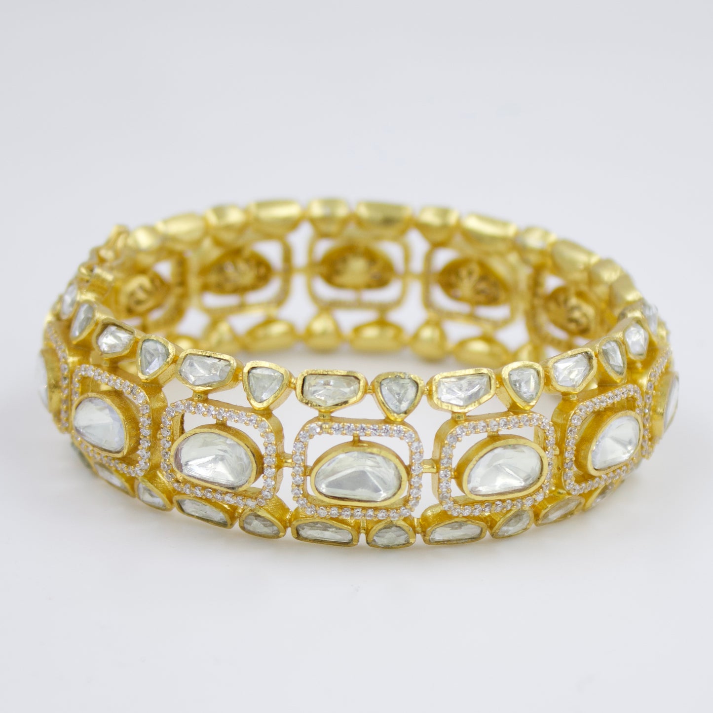 Elegant Indian Polki Kada Hinged Bangle with Moissanite Stones in 24K Gold-Plated Sterling Silver