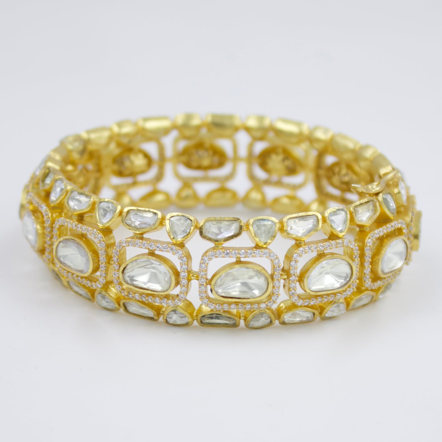 Elegant Indian Polki Kada Hinged Bangle with Moissanite Stones in 24K Gold-Plated Sterling Silver