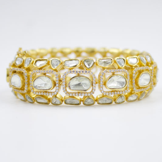 Elegant Indian Polki Kada Hinged Bangle with Moissanite Stones in 24K Gold-Plated Sterling Silver