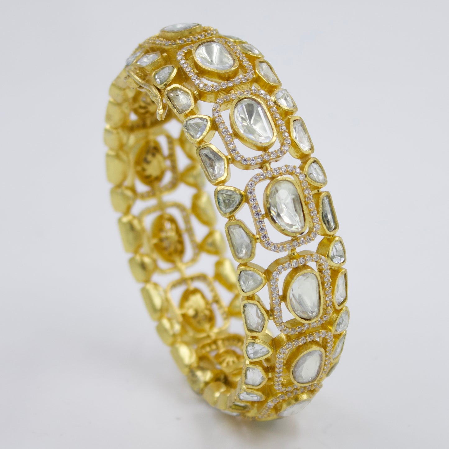 Elegant Indian Polki Kada Hinged Bangle with Moissanite Stones in 24K Gold-Plated Sterling Silver