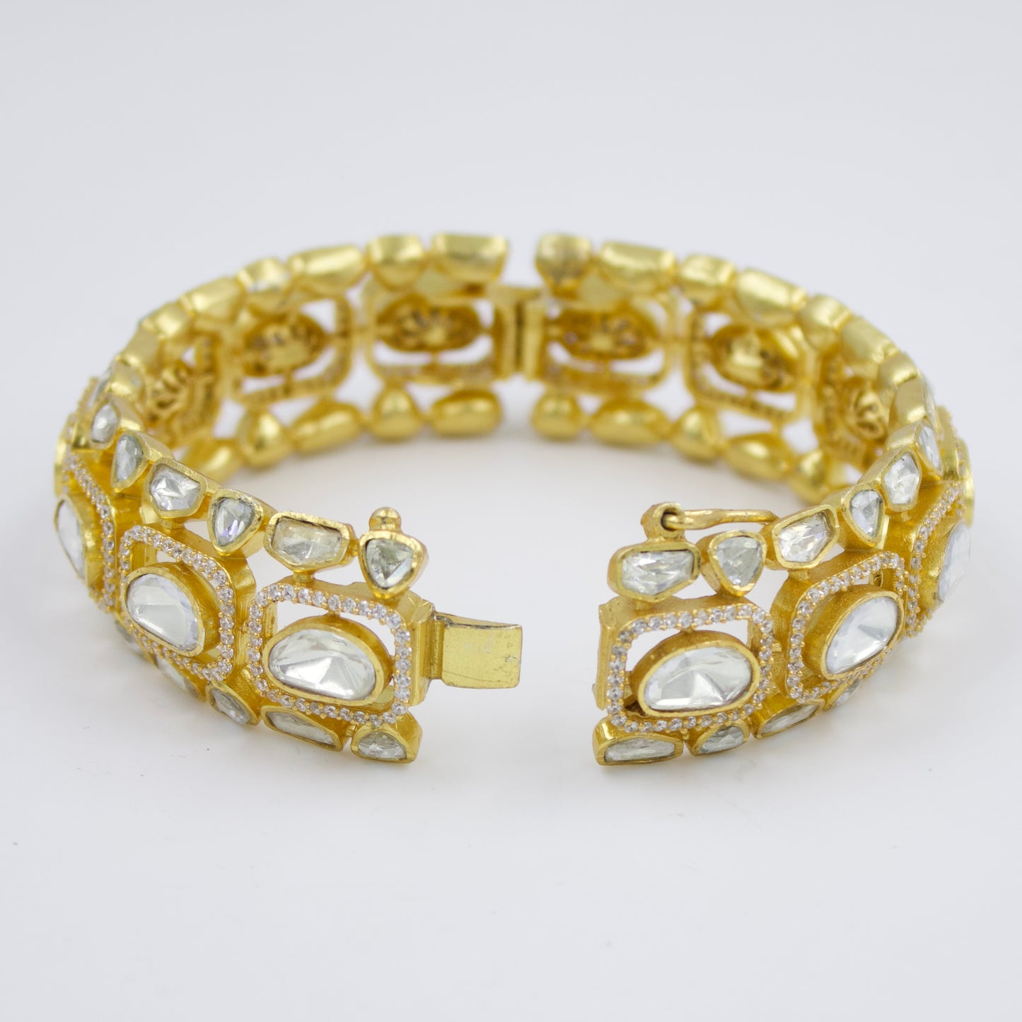 Elegant Indian Polki Kada Hinged Bangle with Moissanite Stones in 24K Gold-Plated Sterling Silver