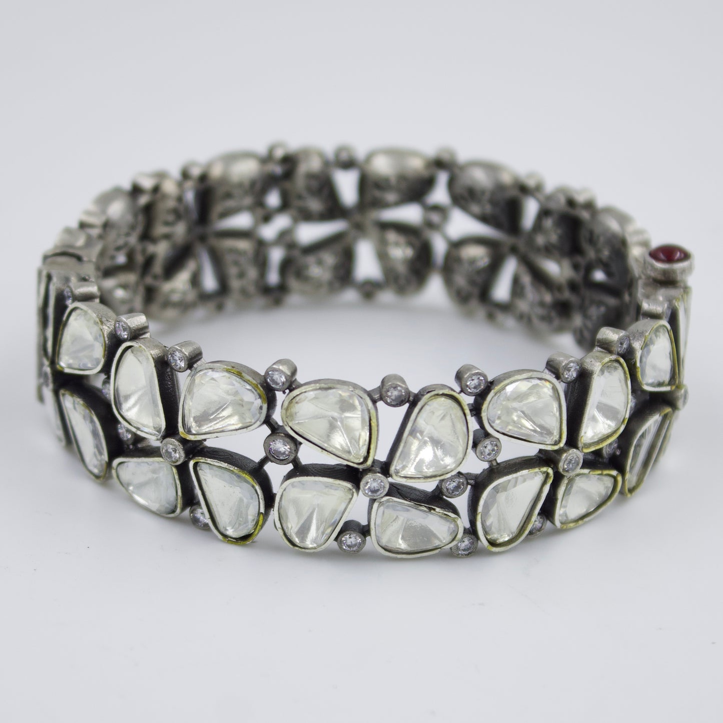 Elegant Indian Polki Kada Hinged Bangle with Moissanite Stones in Sterling Silver Size 7 Inches
