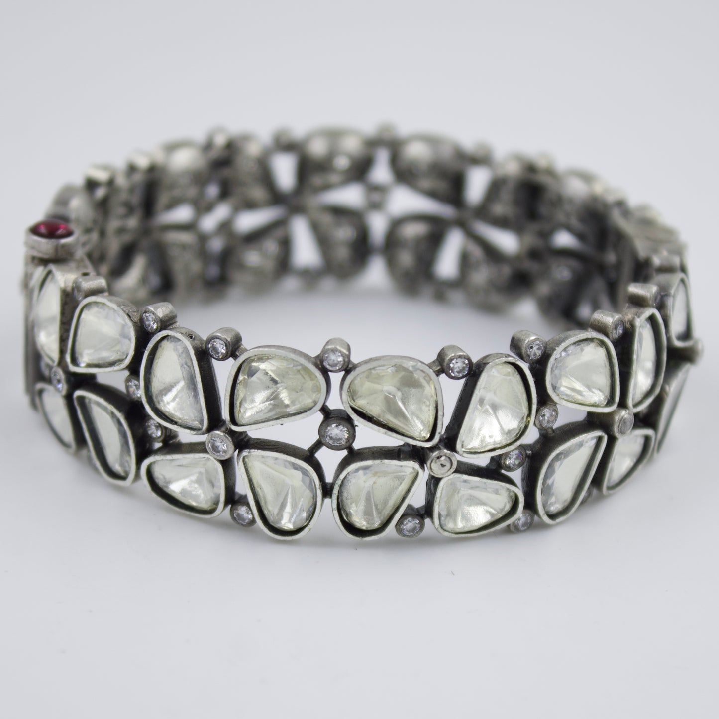 Elegant Indian Polki Kada Hinged Bangle with Moissanite Stones in Sterling Silver Size 7 Inches