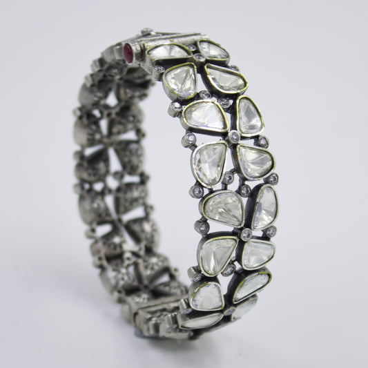 Elegant Indian Polki Kada Hinged Bangle with Moissanite Stones in Sterling Silver Size 7 Inches