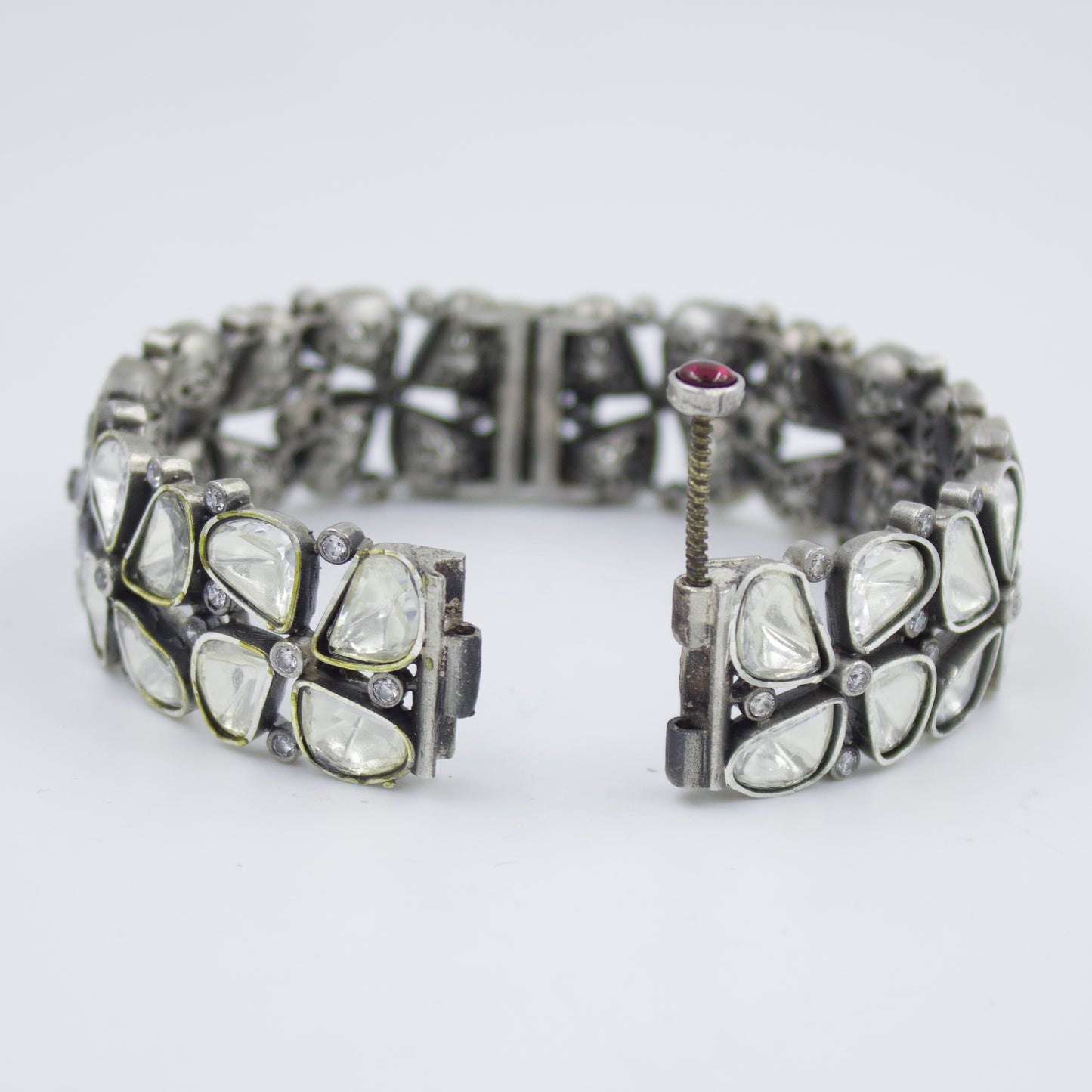 Elegant Indian Polki Kada Hinged Bangle with Moissanite Stones in Sterling Silver Size 7 Inches